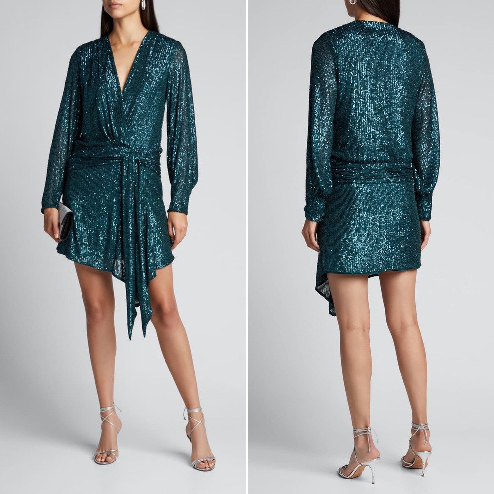 SIMKHAI‎ Sequin Dress Drape Front Long Sleeve Mini Blue Green Size XS Chic Sexy